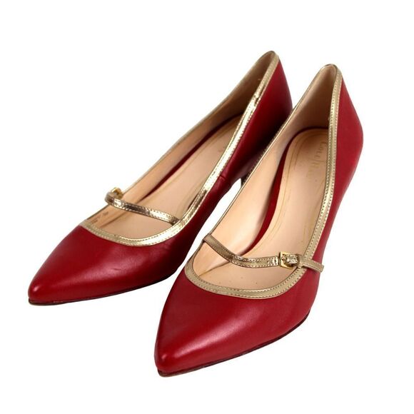 Cole Haan RED GENUINE LEATHER GOLD TRIM MID HEEL CLASSIC PUMP SHOES Sz 7.5 B - Picture 2 of 12
